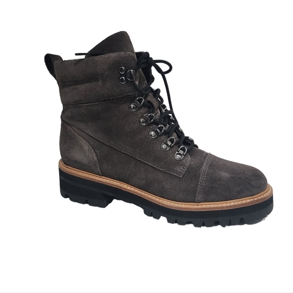 Marc Fisher Mlinka Grey Combat Boots Lace Up chucky heel Suede Leather Hike moto